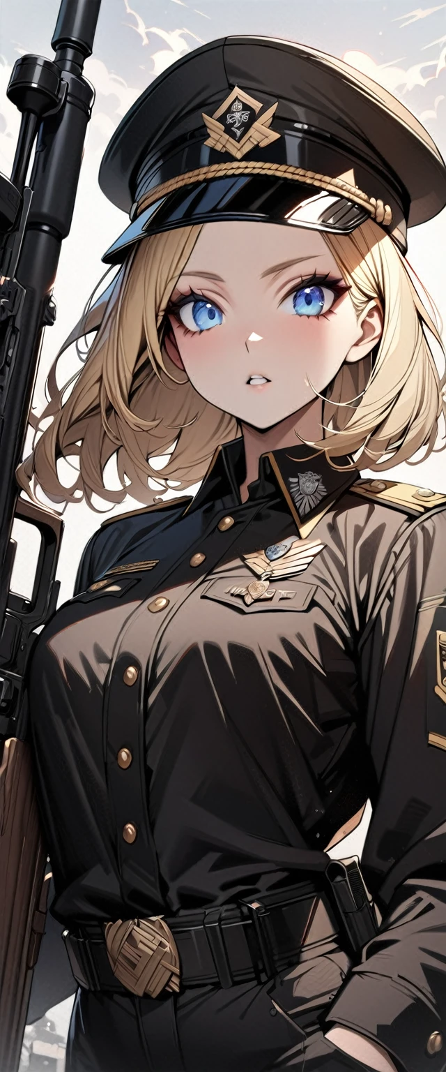 Bobcut　Blonde　forehead　soldier　Nazis　uniform　Officer　陸軍Officer　Black costume　Army Costume　Army Caps　Long sleeve　Long trousers　((Loose-fitting clothing))　Holding a sniper rifle　((Upper Body))　Big eyes　Blue eyes　Highest quality　Super detailed　detailed woman　High quality　8k　