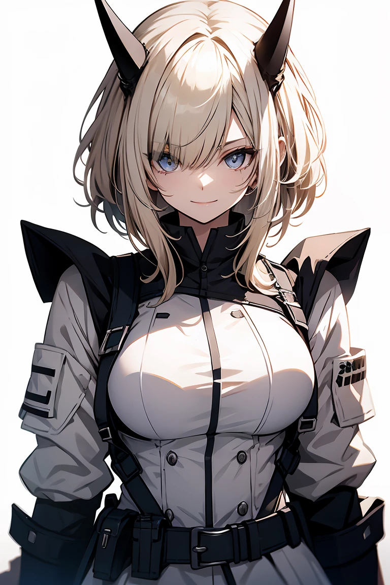 One Girl, whole body, White one-piece military uniform, (Tabletop:1.2, Highest quality), (Beautiful, detailed eyes: 1.2), (Beautifully detailed face), High Contrast, (Best lighting, Very delicate and beautiful), ((Cinematic Light)), Dramatic Light, very orange eyes, Large Breasts, Belt under the chest, White military uniform, White Skirt,Blonde, Black tie, (Pale white background:1.5), Wolf Cut Hair, Look at me and smile,horn