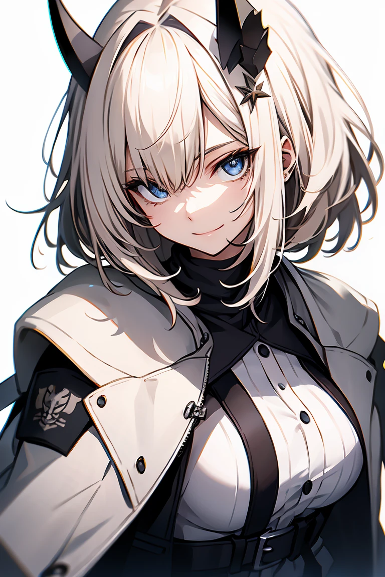 One Girl, whole body, White one-piece military uniform, (Tabletop:1.2, Highest quality), (Beautiful, detailed eyes: 1.2), (Beautifully detailed face), High Contrast, (Best lighting, Very delicate and beautiful), ((Cinematic Light)), Dramatic Light, very orange eyes, Large Breasts, Belt under the chest, White military uniform, White Skirt,Blonde, Black tie,  (Pale white background:1.5), Wolf Cut Hair, Look at me and smile,horn