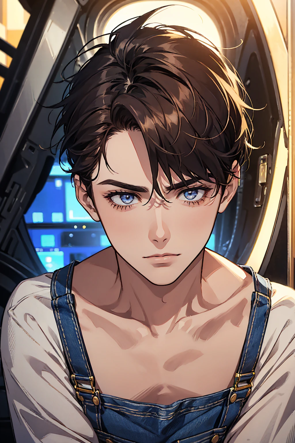 1male,29 years old, very dark brown hair, messy cut short hairstyle, pale skin, {gold eyes:0.9} BREAK red checked shirt, BREAK blue overalls,male focus, rough face, portrait, face focus, see frontal, masterpiece, best quality