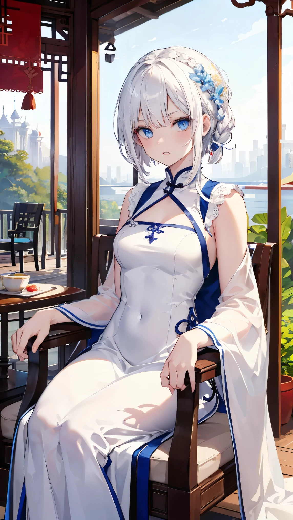 ,girl,Highest quality,White Hair,White skin,blue eyes,Very short hair,Braiding,Cat Eyes,China dress,fur,See-through,Toned body,slender,Mansion,Deck chair,