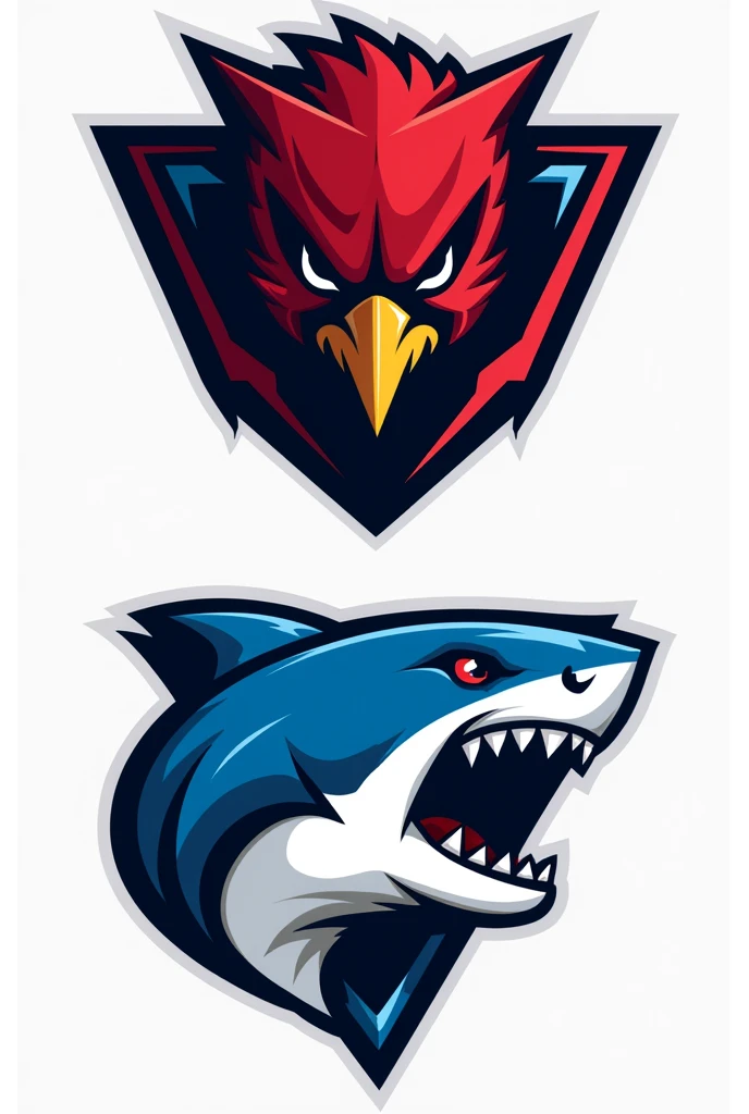 head of a Crimson Hawks and head of a blue sharks logo