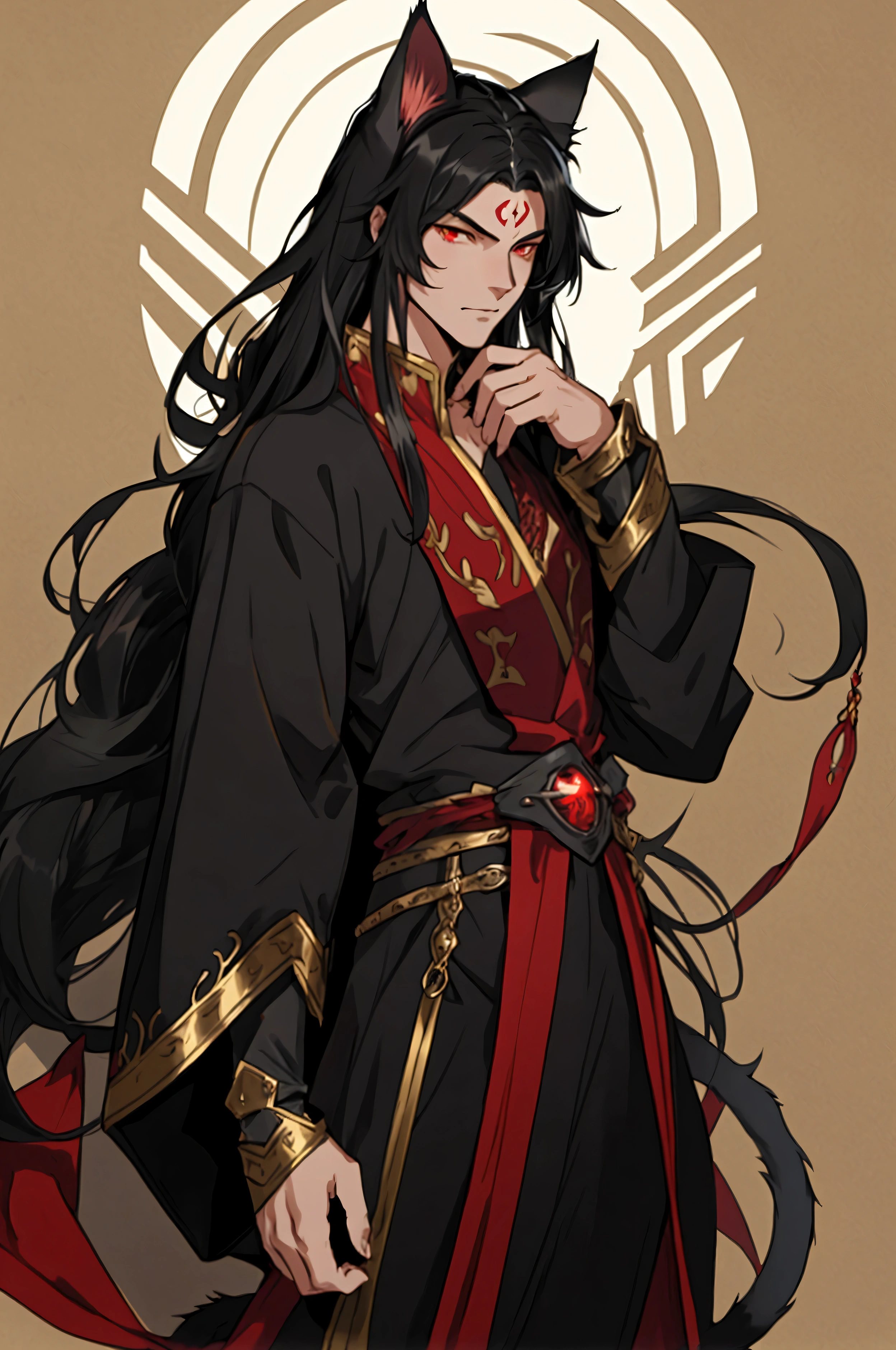 Man, male focus, solo, fluffy cat ears, cat tail, black hair, very long hair, red eyes, slit eyes, fair skin, fantasy clothing, anime, top quality, ultra definition, Illustration, high resolution, fantasy background