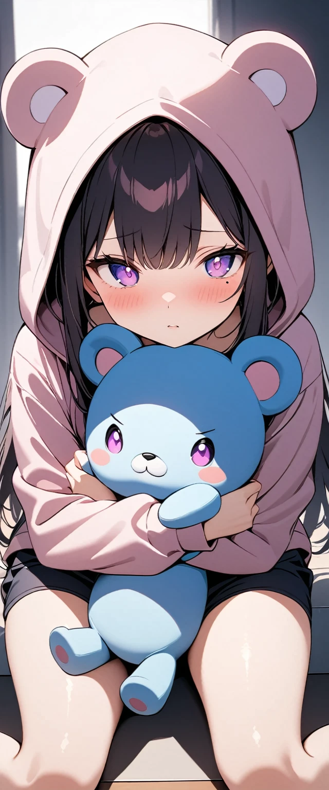 (Highest quality),(masterpiece), 8k,Very detailed, Detailed light, Best Shadow,Detailed reflective eyes, Very detailedな顔,Shiny Hair,(1 girl:1.2),woman,Gloss,Black Hair,Embarrassing,blush,Beautiful fingers,Beautiful Hands,whole body,Purple eyes,Glossの無い目,(power of eyes:1.2),(Medium length hair:1.2),thin,Mole under the eye,hoodie,Shorts,white bear,A teddy bear bigger than a ,Hug a stuffed animal,Watery eye,(Eyes:1.2),