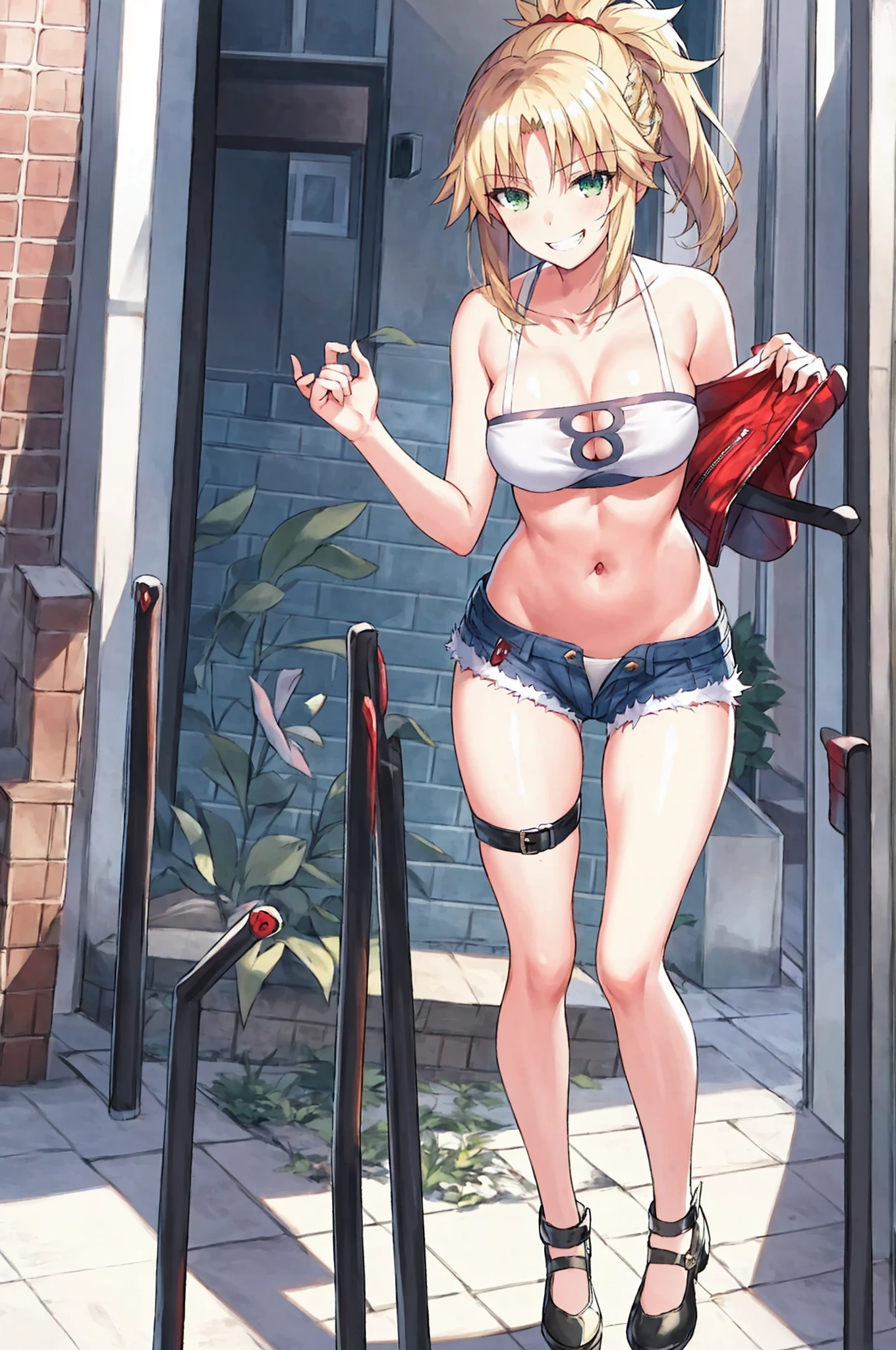 Masterpiece, Best Quality, illustration, city_street_landscape, 1girl, Mordred \(fate\), cowboy shot, collarbone, Detailed blond hair ponytail braid, green eyes, Red leather jacket, White short blouse, denim shorts,navel,thigh-high,grin, covered_pussy,skiny,happy,