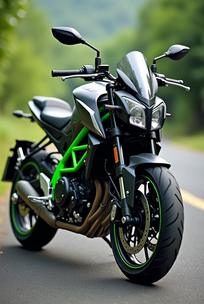 A 160 CC motorcycle in carbon grey combined with green