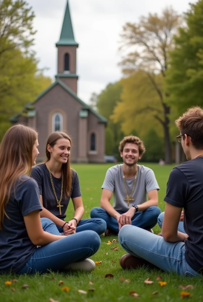 Several Catholic agers sitting in a circle,with a chain that carries a cross on the chest, a diverse shirt and jeans, sitting on the grass talking about God, where you can breathe tranquility and spirituality, with a church in the background