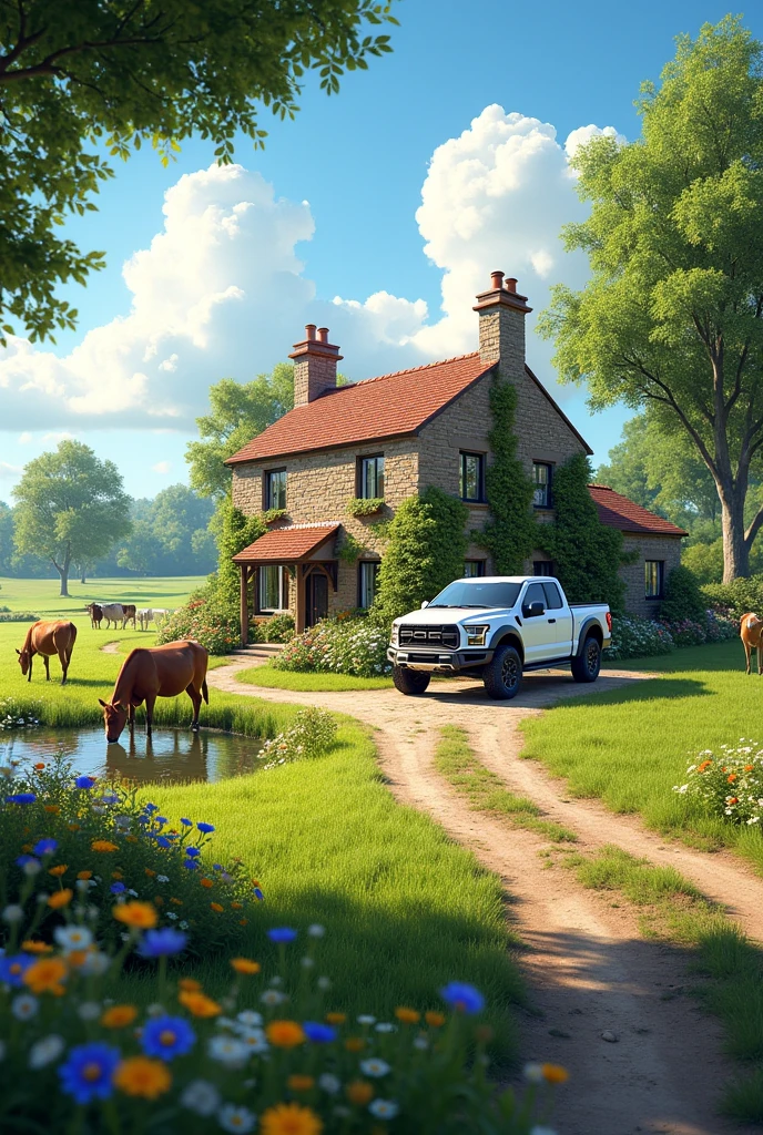 A green field with a stone cottage and red tiles. The sun is shining in the blue sky with some white clouds. in the countryside, There are cows grazing and a horse drinking water from a pond. There are big trees around the house, A white 4x4 pickup truck is also highlighted on a dirt road leading to the entrance. In the foreground, There are wild flowers and green grass.