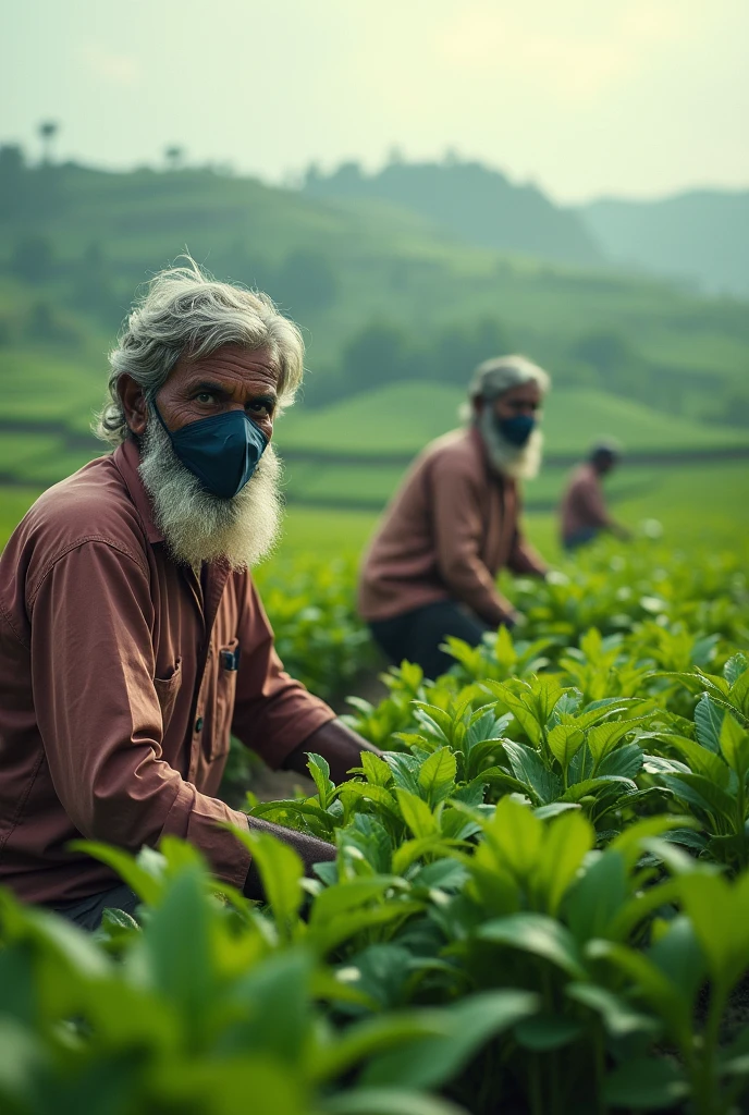 Indian farmers during covid 19 wearing mask with a farm behind them
