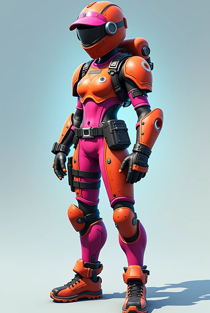 A detailed critique of a unique outfit in a popular battle royale video game. The outfit known as a 'skin' features bright and vibrant colors, with an unknown character dressed in durable protective gear, studded with gleaming metal accents and adorned with whimsical accessories. These add a playful touch to the otherwise militaristic appearance. Despite the game's cartoonish art style, the skin reflects a high level of detail, with noticeable wear and tear suggesting countless epic battles.