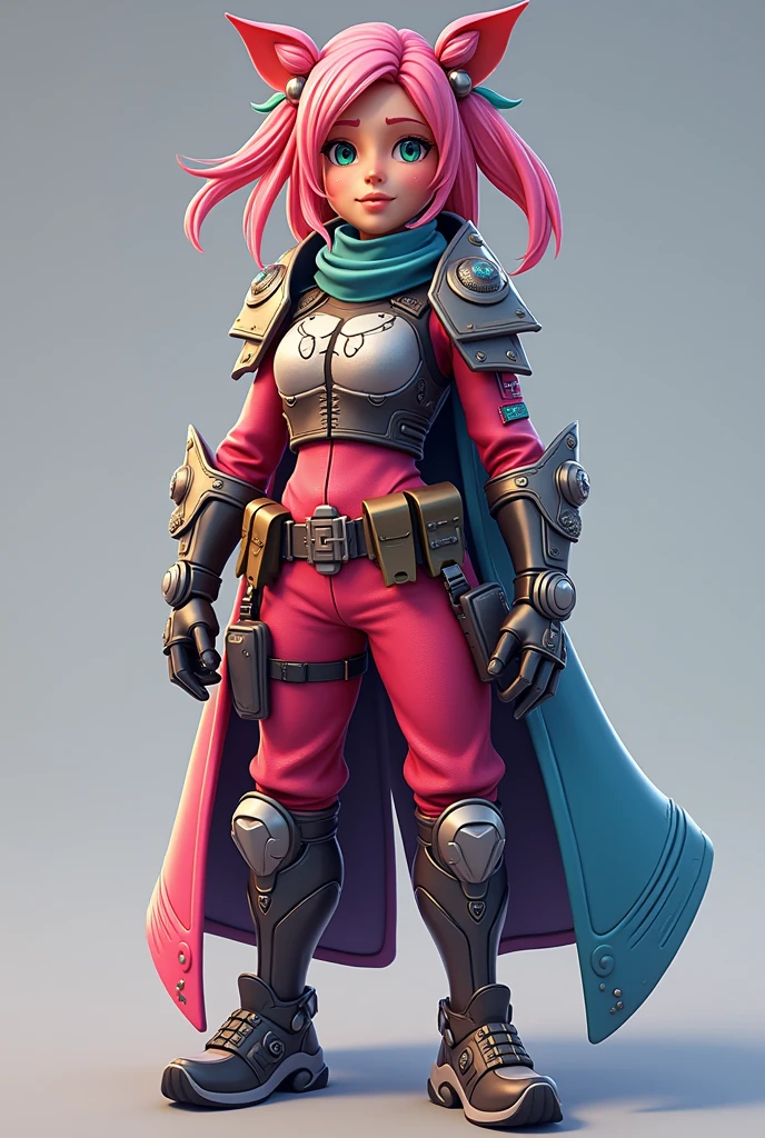 A detailed critique of a unique outfit in a popular battle royale video game. The outfit known as a 'skin' features bright and vibrant colors, with an unknown character dressed in durable protective gear, studded with gleaming metal accents and adorned with whimsical accessories. These add a playful touch to the otherwise militaristic appearance. Despite the game's cartoonish art style, the skin reflects a high level of detail, with noticeable wear and tear suggesting countless epic battles.