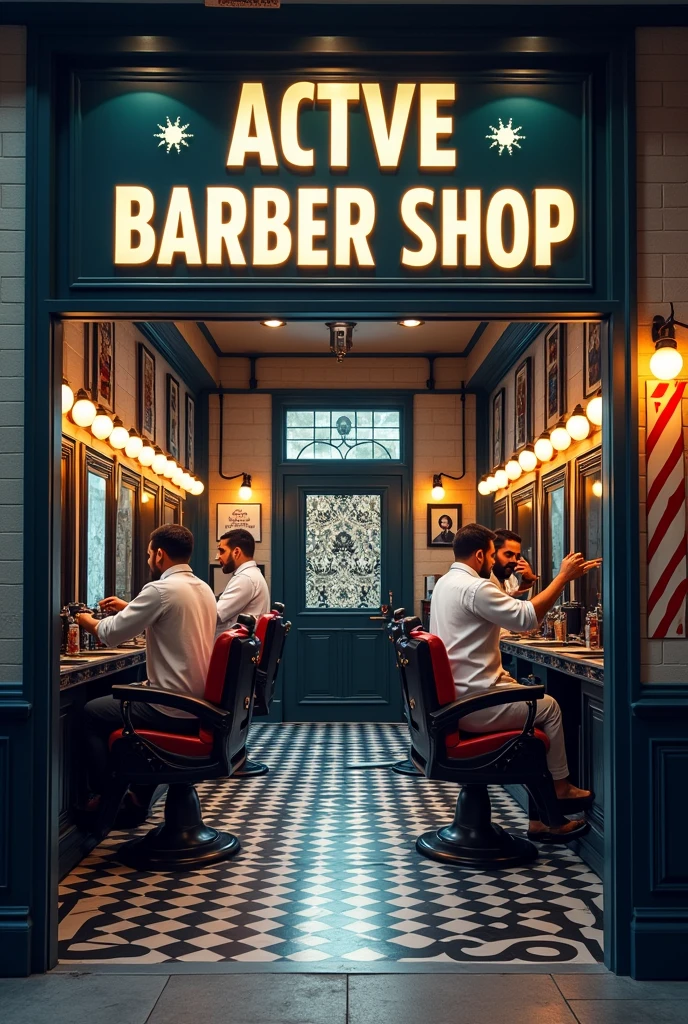 An image that says Active Barber Shop, Book your turn, with the BARBERIA logo and.With