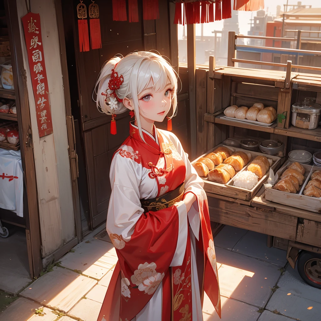 Beautiful girl in white and red ancient Chinese costume Sta selling sticky rice wrapped in stewed pork in a small shed on the side of the road in a market next to a cargo ship, where people get off the ship wearing ancient Chinese clothing and walk down to buy her stuff.. The sun shines on my face, my eyes sparkle.