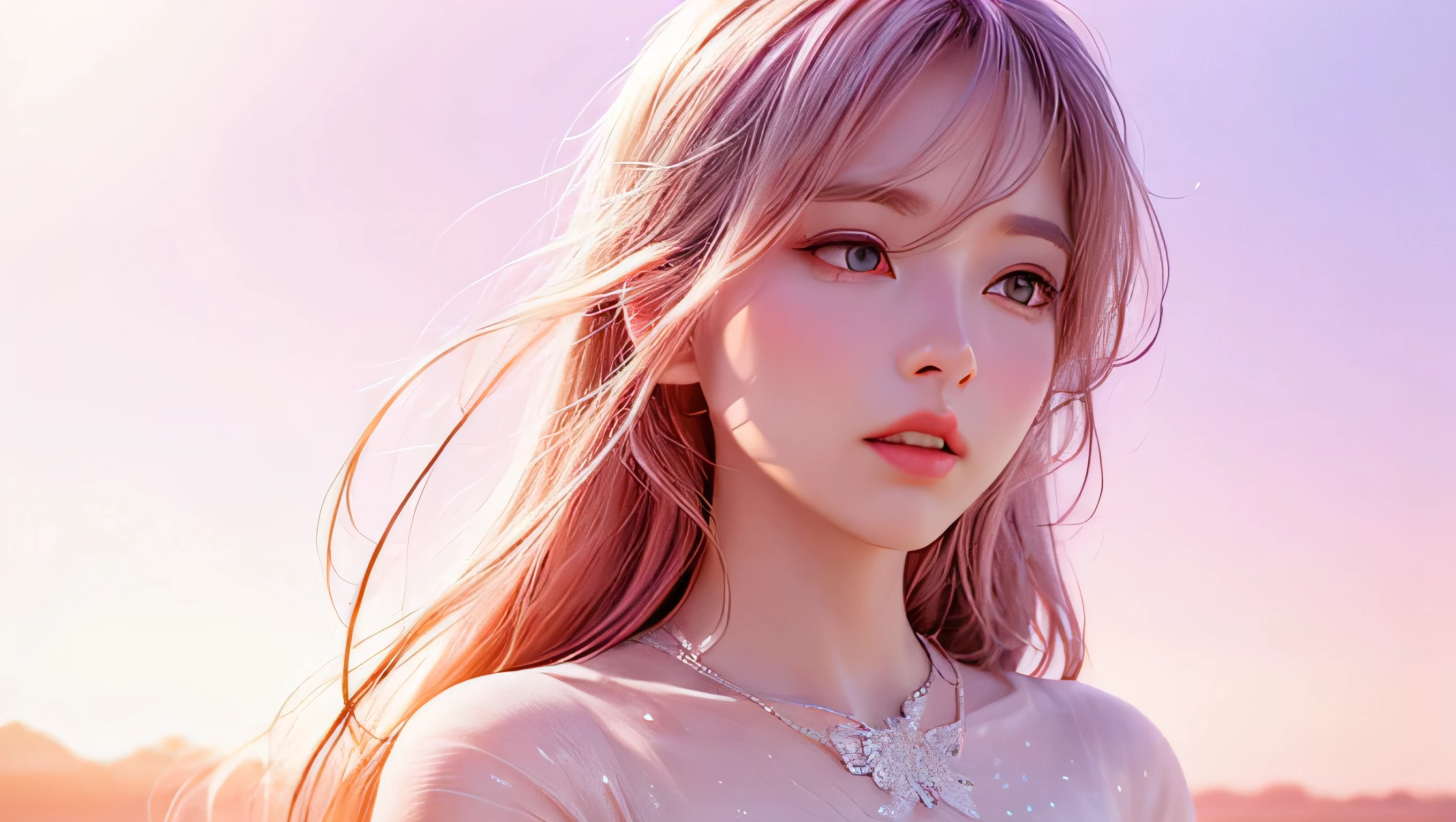 high quality,1 girl，long hair, light pink eyes, Super detailed CG illustration of a young woman with a calm expression, Stare into the distance，His striking  pink hair blew gently in the desert breeze. The landscape behind him is vast and stunning, Taking viewers into a world of wonder and discovery.More ideas