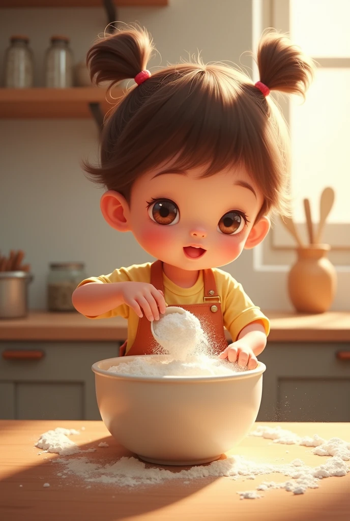 A kid putting a cup of flour in a bowl.