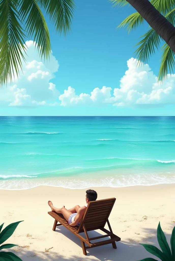 A serene tropical beach scene featuring a person relaxing in a wooden lounge chair, with crystal-clear turquoise water and a calm blue sky in the background, evoking a sense of relaxation and escape."







