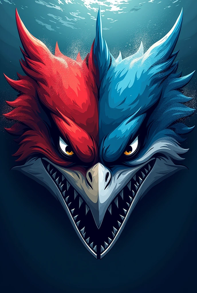 head of a Crimson Hawks and head of a blue sharks in one logo