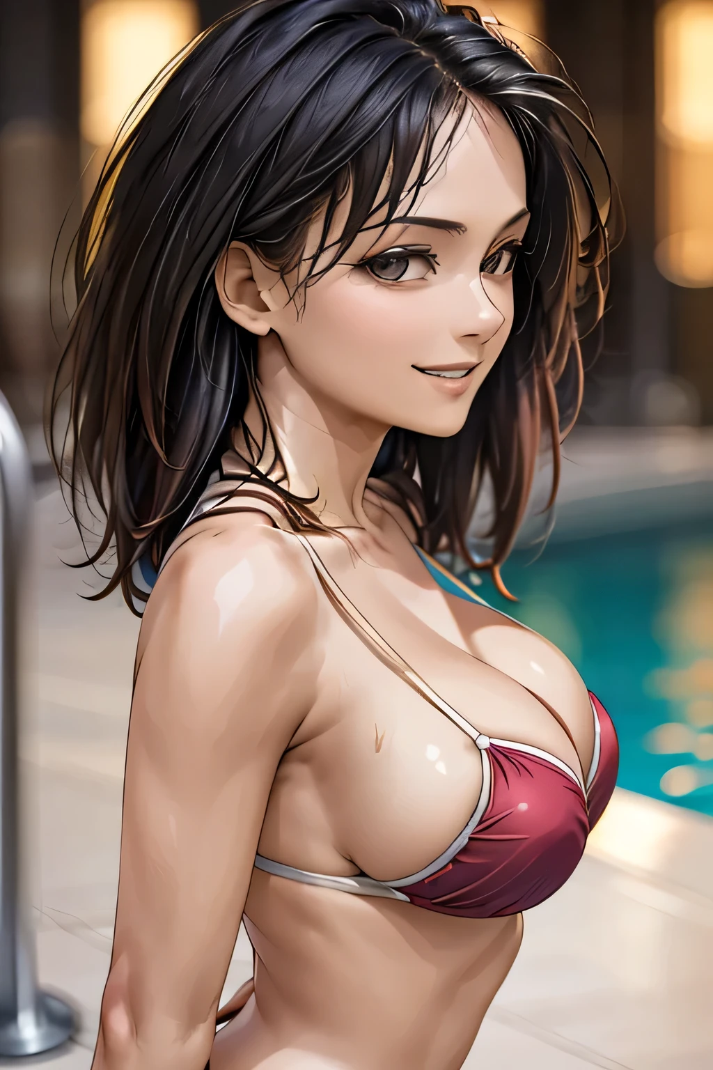 (masterpiece:1.2, Highest quality), (Realistic, photoRealistic:1.4), Beautiful CG, (Natural Side Lighting, Cinema Lighting), Looking at the audience, Upper Body, (Front view), 1 girl, Perfect Face, Symmetrical cute face, double eyelid, Long eyelashes, (Large Breasts), Beautiful Hair, Beautiful Face, Beautiful and beautiful eyes, Glowing Skin, Beautiful body, Beautiful breasts, Beautiful thighs, Beautiful legs, ((Beautiful poolside views)), (Beautiful smile:1.2, wonderful), ((Bikini Bottoms)), (Bob Hair), (Brown Skin:1.2), (from the front)
