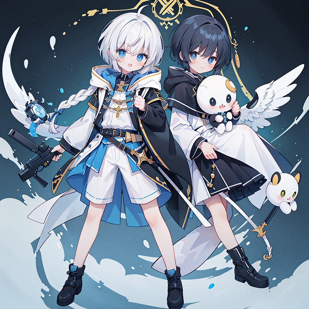 (masterpiece、top-quality、hightquality)、a 15 year old boy、Comes with white hood、The long-haired、white hair、Stand on white background、snake motif、Laughed、verd s eyes、researcher、character designs、a belt、modern、cyberpunked、neuter、shortpants、face with seams