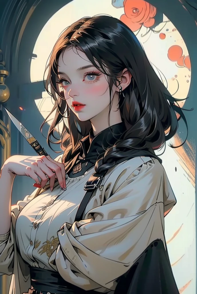 (((masterpiece, of the highest quality, super detailed))), (a witch belonging to an occult order of knights), (a knight crossed with a witch), Victorian era inspired, ((minimal but intricate beautiful armour)), Fluttering lace flared dress with frilly petticoats, ((nier automata meets bloodbourne)), (big forhead:1.2), (((dark hair))), (((Very sharp focused eyes))), very long eyelashes, occult aesthetic, (red and white clothing detailed and intricate steampunk and detailed gothic), (with a hood), complex lace boots,