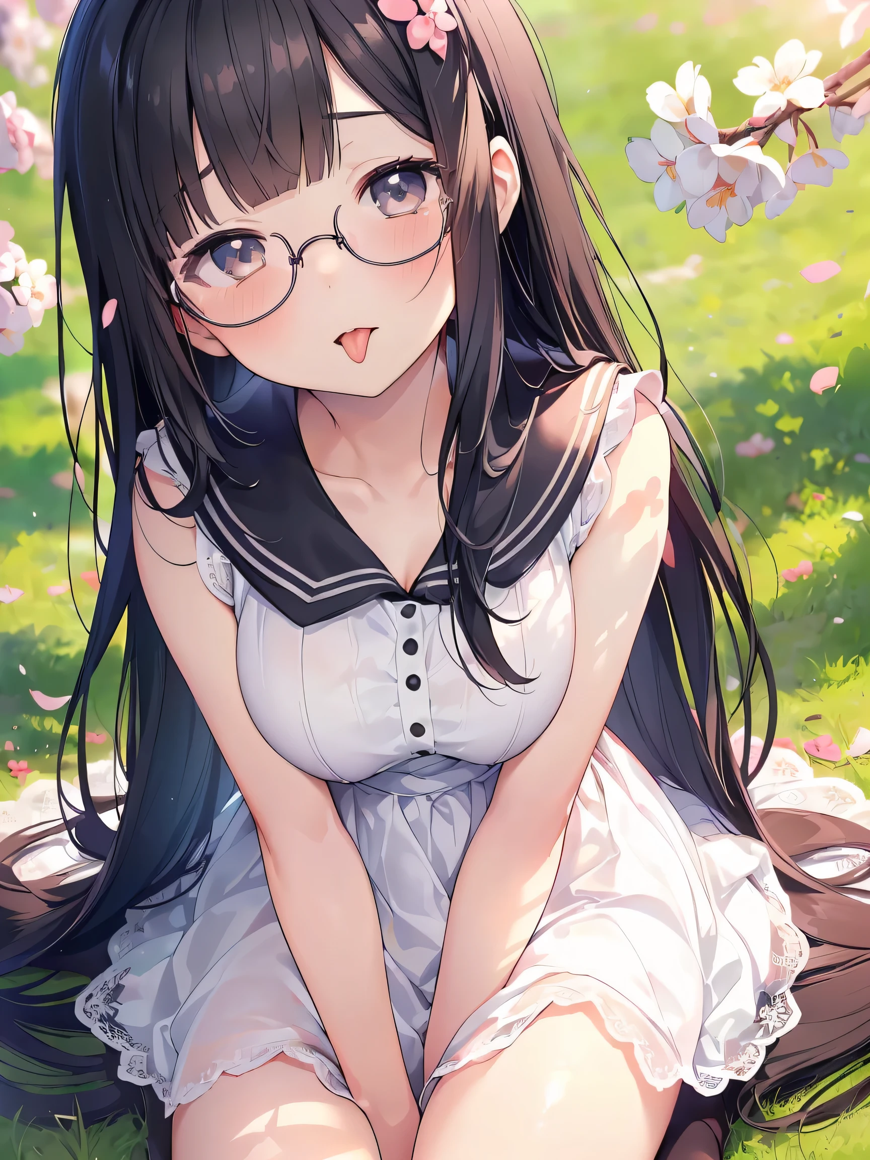 Very detailed, Highest quality, High resolution, Moe Anime, ((黒髪でDroopy eyesの可愛い小学生の女の子)), ((Wearing large round glasses:1.4)), (Baby Face), Cute eyes, Detailed eye depiction, Eyes sparkling, View your audience, Pale skin, (Big eyes:1.4, Droopy eyes:1.4, Fat face:1.4), smile, Focus on the face, In the park where cherry blossoms are falling, Sitting, (Extreme close up of tongue), (((From above))), Open your mouth, (((Face only:1.3))), ((white lace sleeveless dress)), Bright Eyes, Light from the front, (Put your hands between your legs:1.4), large and long tongue, Cleavage, Straight Long Hair
