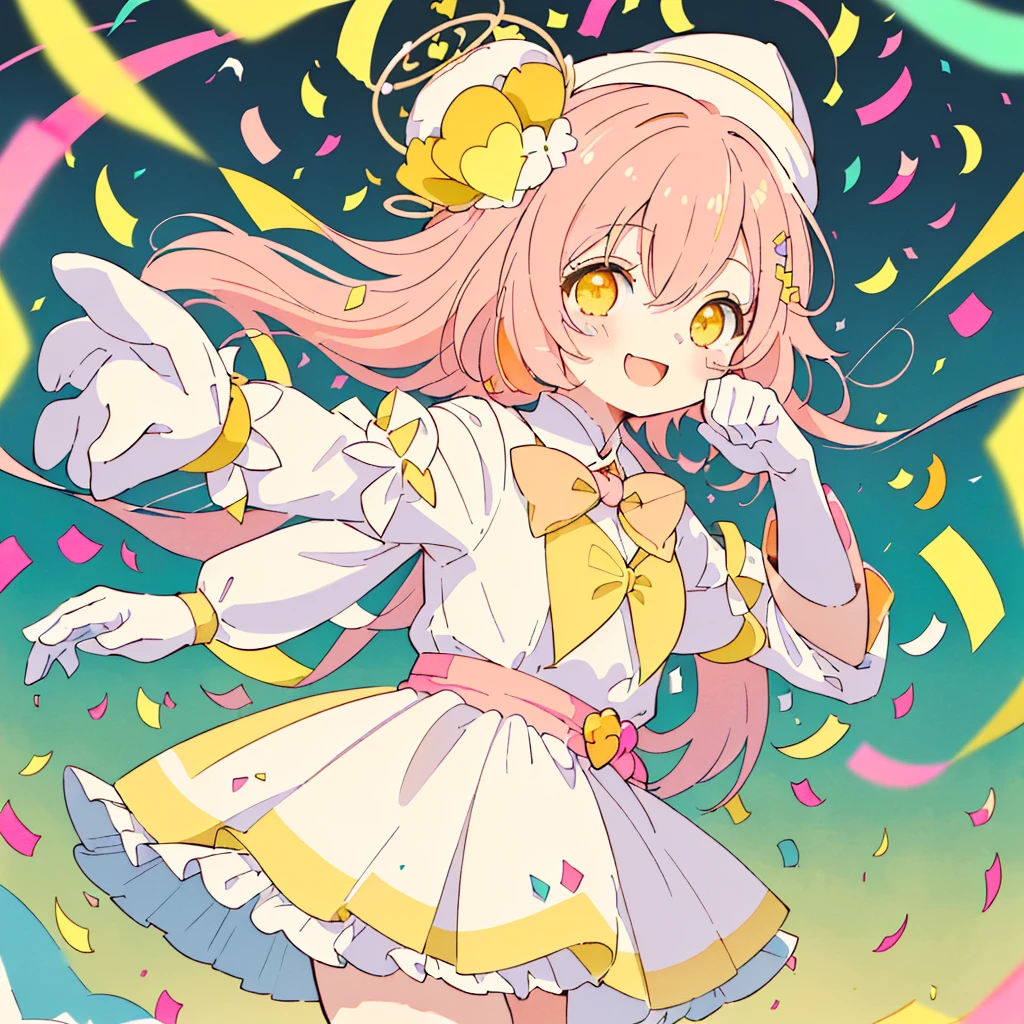 (Chibi:1.15),girl,blush,(Marble colored hair of white, pink, yellow green and yellow:1.35),(Smooth long hair:1.2),(hat:1.3),(A big smile:1.35),(orange heart-like eyes:1.3),(smiling with open mouth:1.25),(Colorful and gorgeous atmosphere like stained glass:1.25),(A costume with a fluffy and cute silhouette like an idol.:1.3),(An outfit inspired by school uniforms:1.25),(Cute pose with hand on side of face:1.3),(Burikko:1.3),(close up of face:1.35),(Brightness:1.35),(Gentle sunlight:1.25),(colored tape and confetti:1.25),(active movement:1.3),(Cute stuffed animals and sweets are flying around:1.3),(Colorful and cute POP atmosphere:1.2),