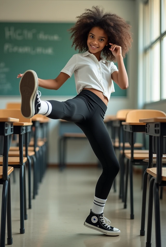 black leggings, black high top converse shoes, white shirt, white socks, one leg kicking in the air towards the camera, classroom background. 