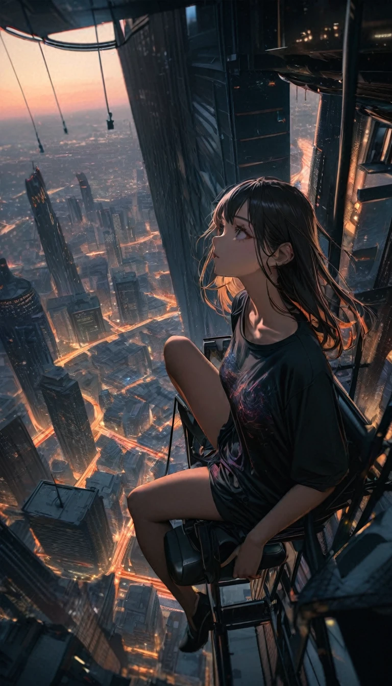 High resolution, Highest quality, High resolution, Super Fine, 16K, Unbelievably absurd, Very detailed, Beautiful woman sitting on a trapeze suspended between two skyscrapers, Gazing into the distance, Wear loose clothing, Long T-shirt, Captivating look, Wind, Wind-effect, moonlit nightscape, (Nice views:1.1) , Clockpunk,Use of a laptop