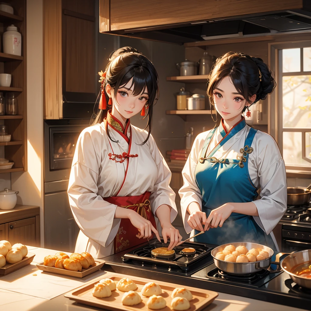 Beautiful girl in ancient Chinese costume Standing in the kitchen in the middle of the day, frying dough sheets in front of the stove. The sun shines on my face, and my eyes sparkle. There is a place for steaming steamed buns nearby.