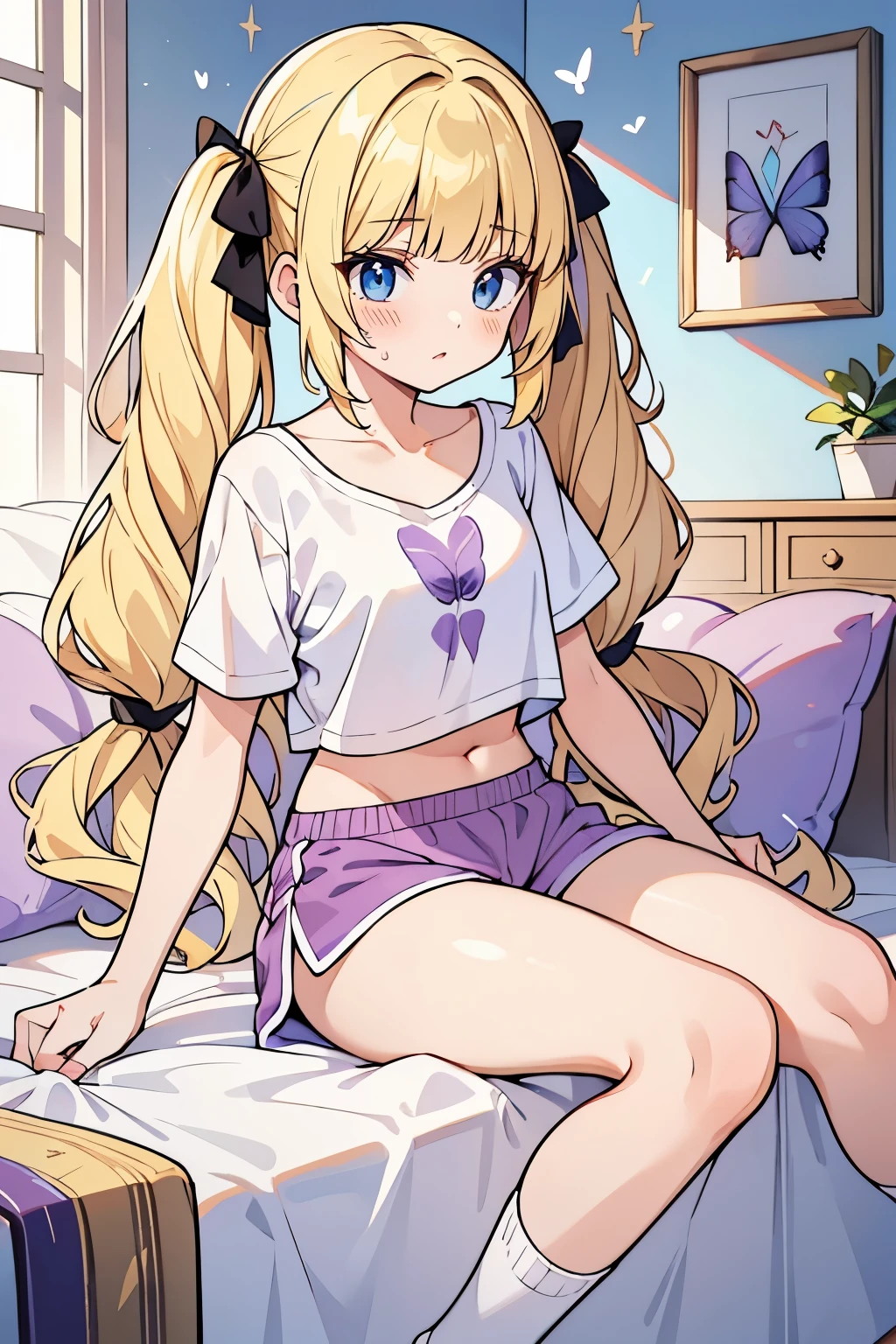 masterpiece, solo girl, (young female body:1.4), (small breasts), cowboy shot, flustered, yellow golden hair, extra gold long hair, thick wavy hair, hime cut, blunt bangs, crystal blue eyes, light blue detailed eyes, bedroom background, lilac and white pyjamas, socks, purple pyjama pants, short sleeping shorts, black tank top, short oversized purple top, crop top, short sleeves, wavy curly voluminous twintails, huge low twin tails, voluminous curly hair, butterfly sitting, crossed legs, purple lilac ribbon, tilted head
