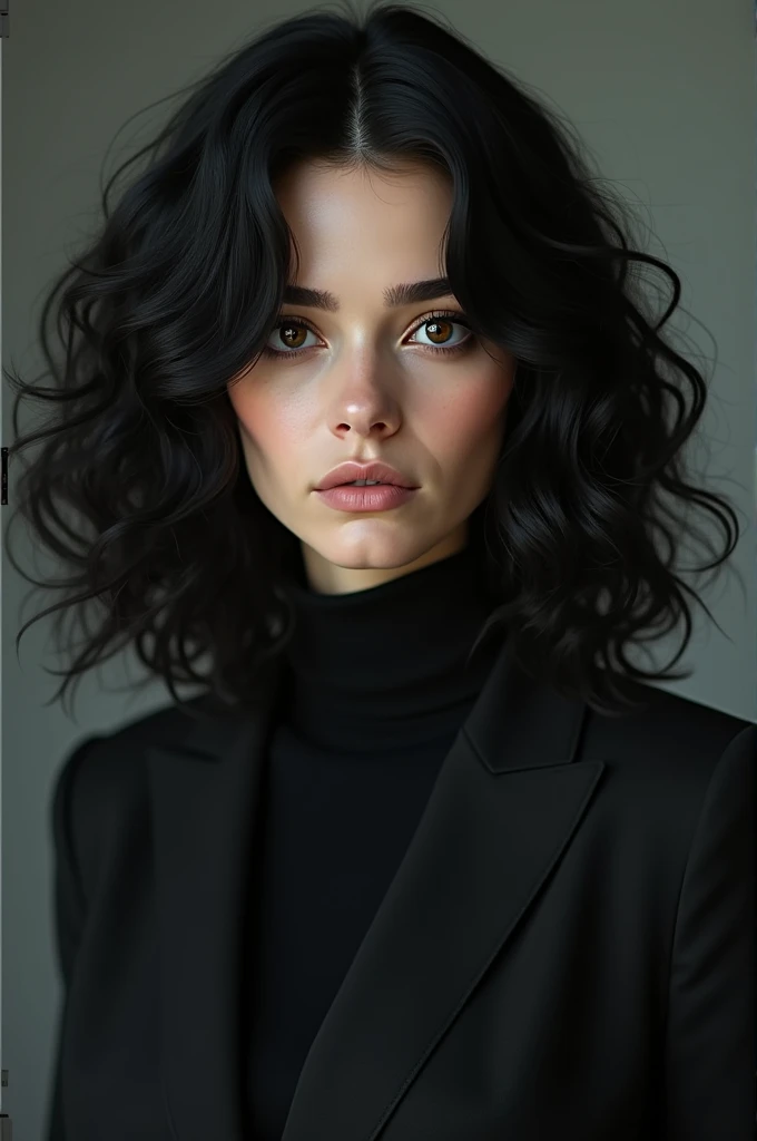 27 year old woman, eyes black, waist length curly hair black, wearing old lady clothes