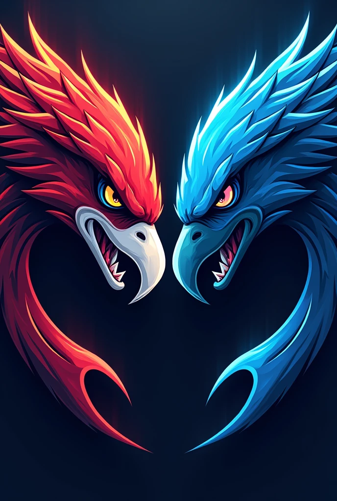 head of a Crimson Hawks and head of a blue sharks in one logo