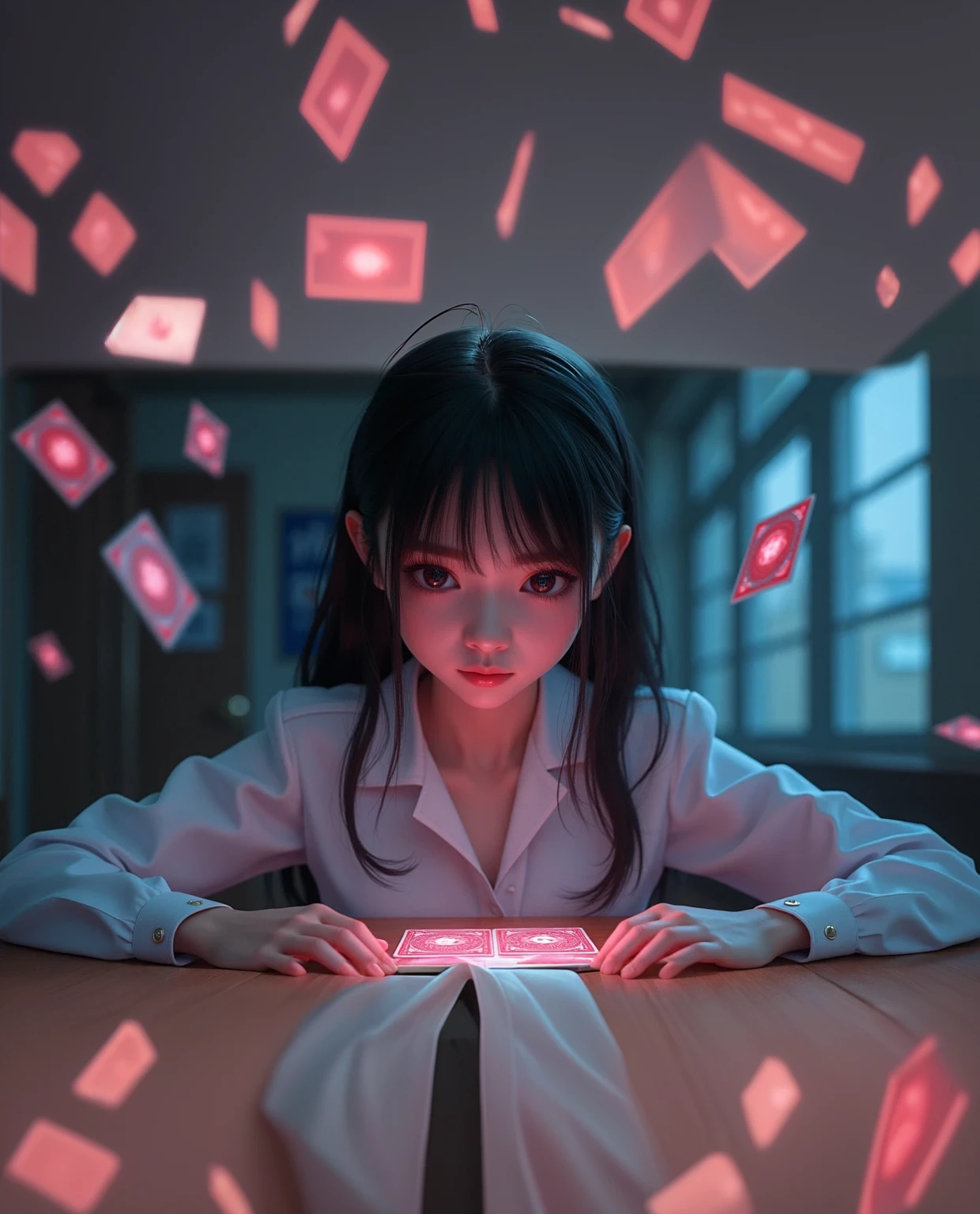 Anime girl with long black hair and white shirt holding a glowing tablet, Realistic Anime 3D Style, Digital anime art, Gweiz-style artwork, detailed Digital anime art, Digital anime illustration, Anime Styled digital art, advanced anime digital art, Cyber Schoolgirl, Anime Style 4 k, Anime Style. 8k, Digital Art Ilya Kuvshinov