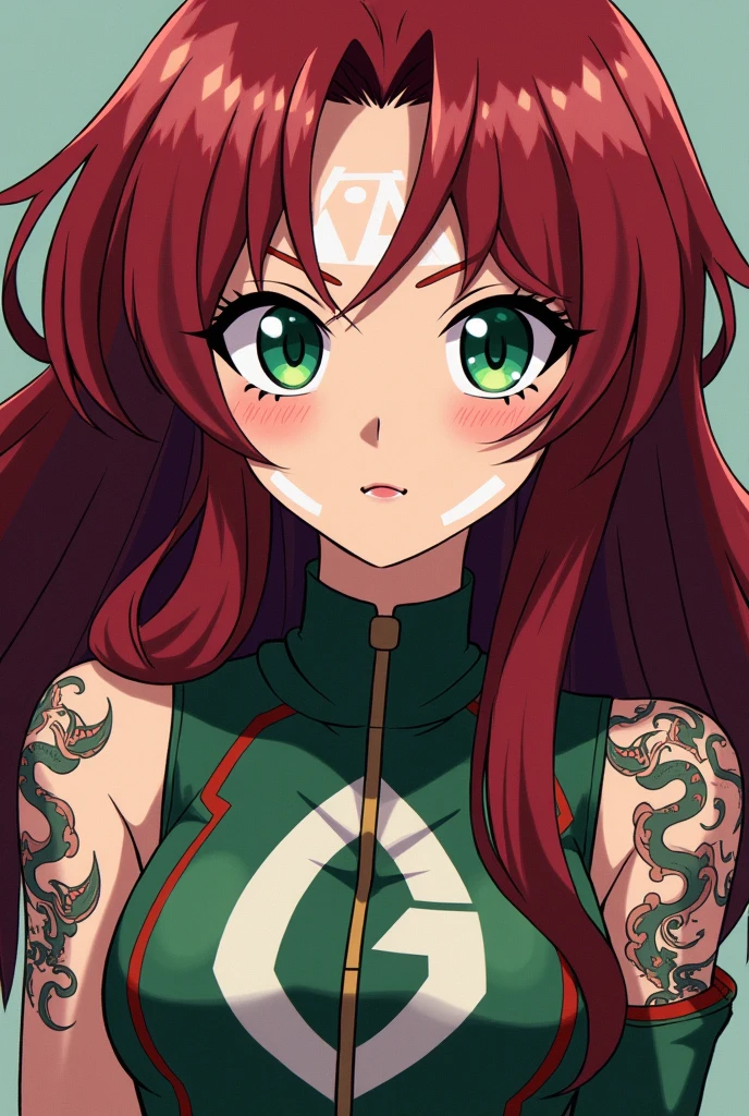 Generate an image of a girl in the my hero academy art style. She had long marron red hair, big green eyes. Snake Tattoos on her arms, and white paint markings on her face