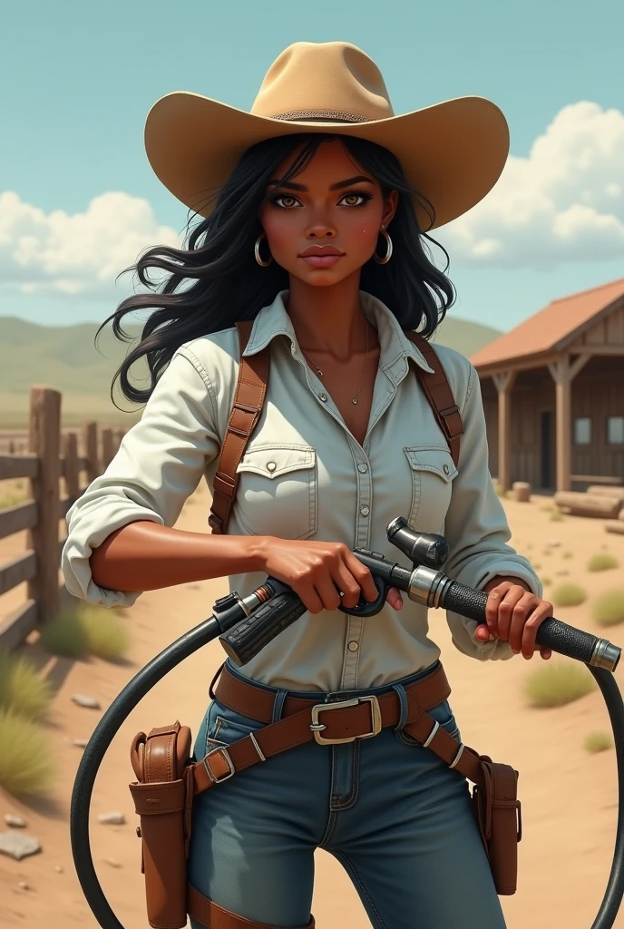 Cowgirl with soft dark skin hold power wash gun