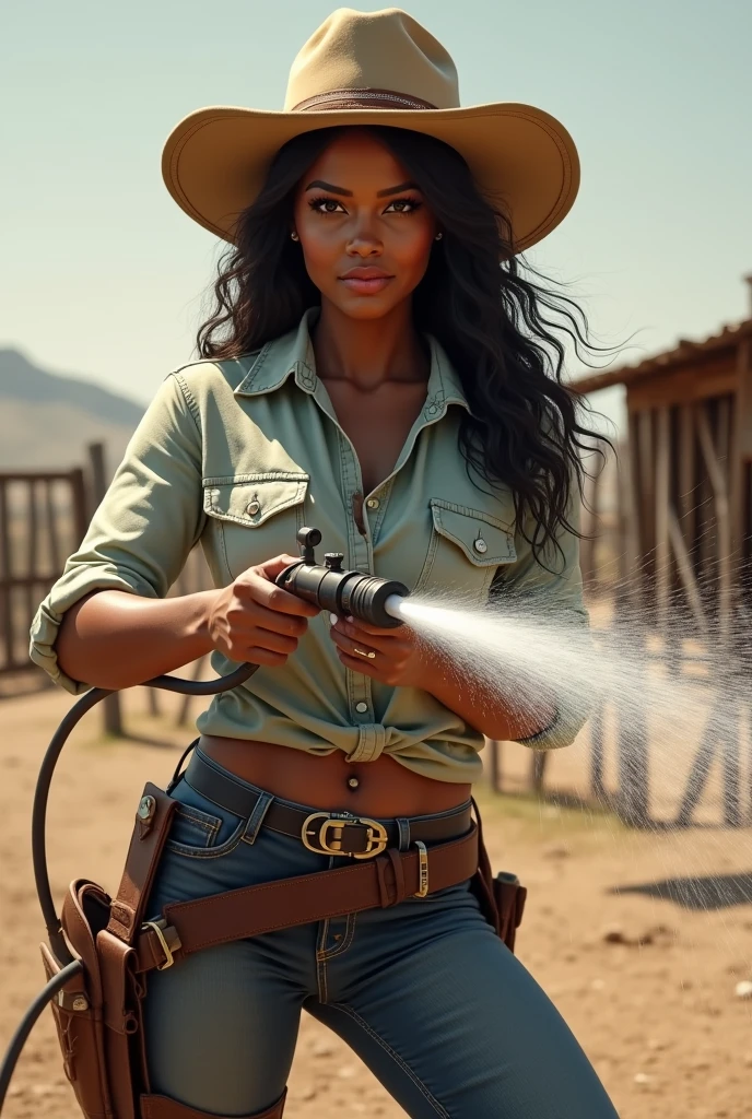Cowgirl with soft dark skin hold power wash gun