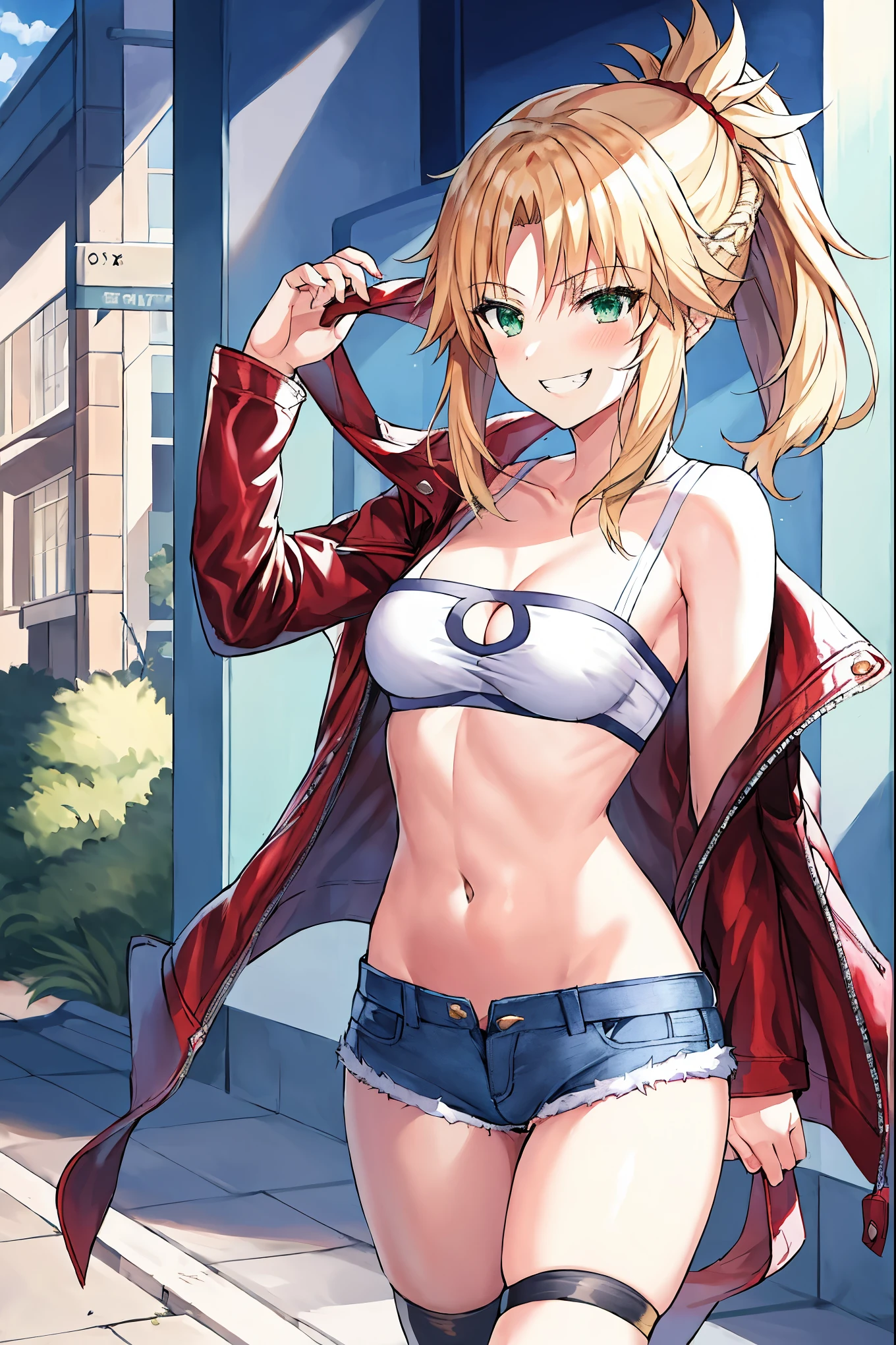 Masterpiece, Best Quality, illustration, city_street_landscape, 1girl, Mordred \(fate\), cowboy shot, collarbone, Detailed blond hair ponytail braid, green eyes, Red leather jacket, White short blouse, denim shorts,navel,thigh-high,grin, covered_pussy,skiny,happy,