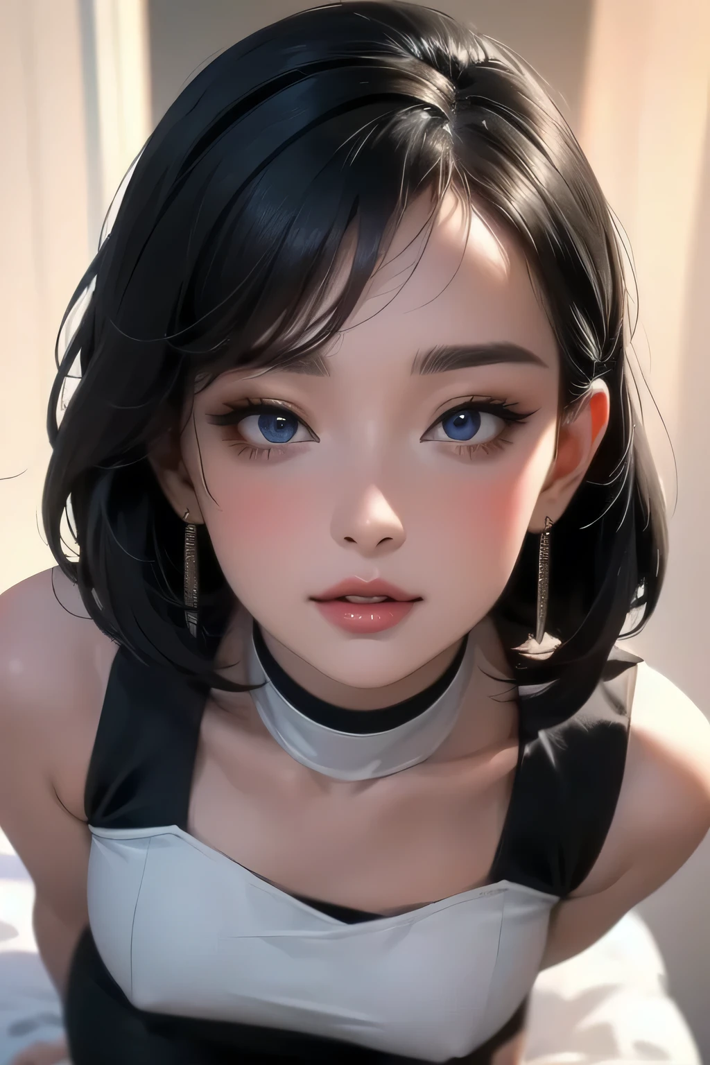 Amazing portrait of a sexy woman with a beautiful face emphasized by amazing makeup and beautifully detailed eyes with perfect lips wearing her short black hair in a bob with a white hairband blushing intensely as she's flustered and lustful wearing some elegant earrings and a black sleeveless sweater accentuating her medium chest paired with a cream skirt that accentuates her thick curvy body making her look hot with vibrant colors and soft lighting