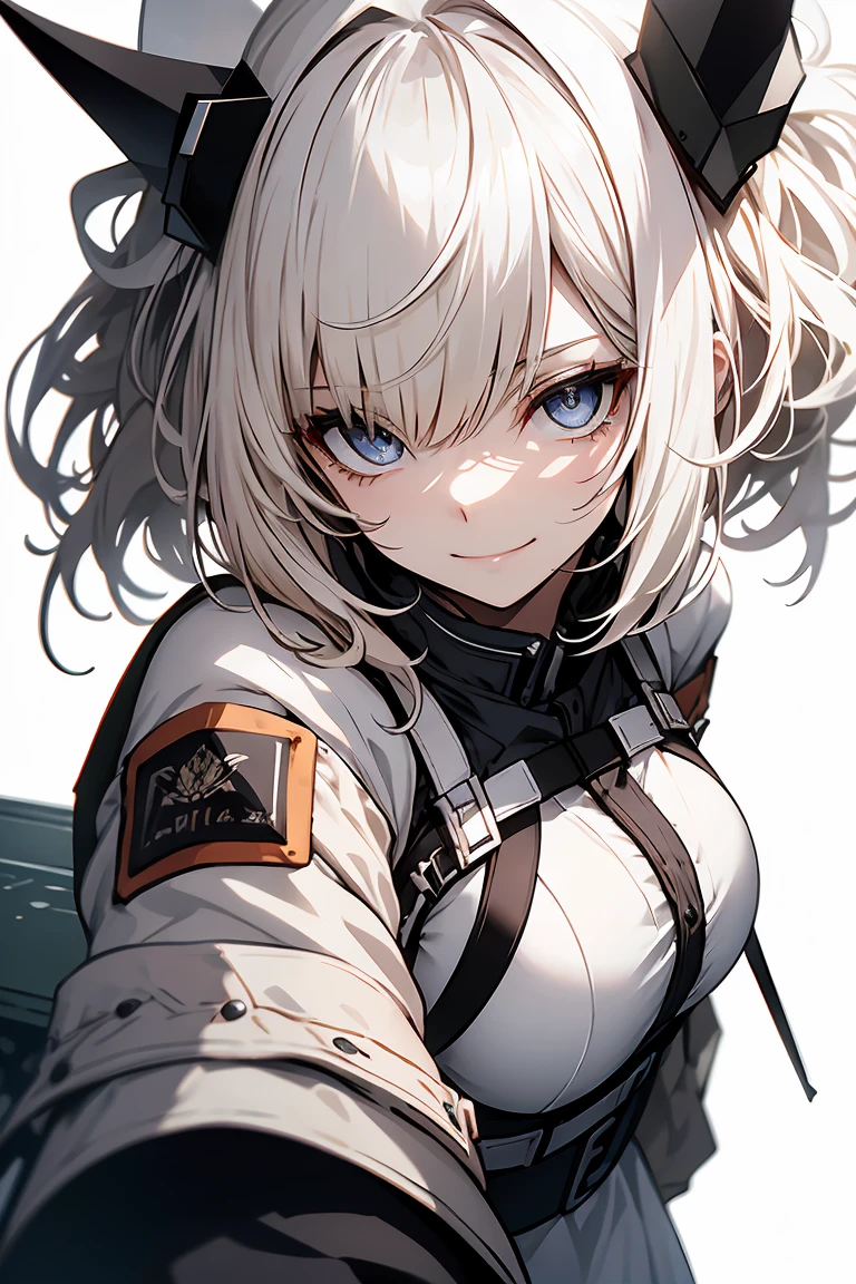 One Girl, whole body, White one-piece military uniform, (Tabletop:1.2, Highest quality), (Beautiful, detailed eyes: 1.2), (Beautifully detailed face), High Contrast, (Best lighting, Very delicate and beautiful), ((Cinematic Light)), Dramatic Light, very orange eyes, Large Breasts, Belt under the chest, White military uniform, White Skirt,Blonde, Black tie, (Pale white background:1.5), Wolf Cut Hair, Look at me and smile,horn
