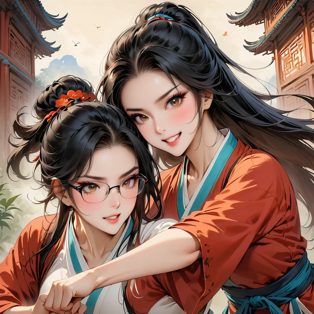 (masterpiece, best quality:1.2),martial arts style，Chinese comics，martial arts，（beautiful girl），（tiger and girl meet），（girl aggressive moves）, Her hair is long with yellow and black highlights，wear glasses，black color and yellow color hair