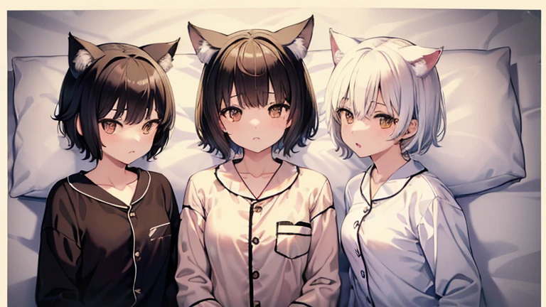 (Printed Polaroid Photo\(3females および3人の女の子 cute,cute,cute　Small wolf ears　Small wolf ears　Small wolf ears　(((White short hair Brown short hair Black short hair)))　３Both people are small　３Both people have normal breasts　((pajamas　pajamas　pajamas))　The background is inside the bed