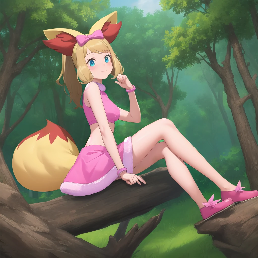 Во весь рост,разные позы,sexy pkmn serena,сексуальные ноги,очень детальные красивые ноги,1girl, solo, blue eyes, blonde hair, long hair, ponytail, sidelocks, bangs,
pink hairband, bow hairband, hair bow, pink bow, fox tail, fake tail, animal ears, fox ears, animal ear fluff, fake animal ears,
pink shirt, crop top, sleeveless, turtleneck, pink skirt, miniskirt, midriff, bracelet, fur trim, fur collar,
smile,closed mouth,cowboy shot,sitting,
forest,outdoor,
(insanely detailed, beautiful detailed face, masterpiece, best quality) cinematic lighting,