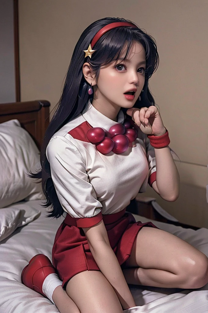 (masterpiece), (best quality), (Very detailed), Intricate details, Perfect anatomical structure, ue5 render, whole body, , Long hair, necklace, earrings, Small Breasts, Wristband,bedroom，big bed, hands on abdomen，Grab your chest with both hands，White socks，Star Hairpin，Scream，正面lie着，Red Shoes，lie