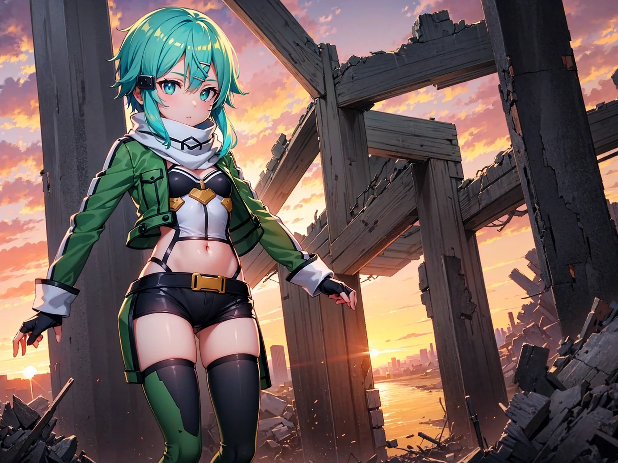 (masterpiece), best quality, expressive eyes, perfect face, highres, sinon1, scarf, fingerless gloves, long sleeves, short shorts,groin, hair ornament, hairclip, green thighhighs, green jacket,covered_nipples, thigh strap, field, sunset_ruins_landscape_background, ruined structures, dynamic_posing, looking at the viewer,,covered_navel,