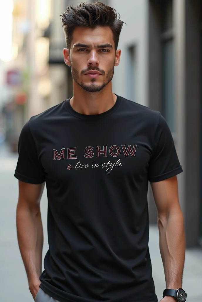 Man wearing emboss t-shirt print Brand name ME SHOW tag line live in style include Ted mark logo