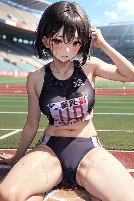 NSFW、very cute and beautiful girl,Very thin body、Model body type、(Highly detailed beautiful face), (((全身にSweatをかく))),(((Sweat)))、(((Sweat臭い)))、(((Body odor)))、blush,((Black Hair、short hair、Pink highlights on the inside)),((Gal、Medium chest)),((Track and field athlete uniforms)),((Low Angle、Dynamic Angle)), ((outside)), (Highest quality,masterpiece:1.0),Very detailed,32K,8k resolution, Intricate details,Movie Scenes,Detailed Background,alone,Dynamic Angle,(((Love juice drips from the crotch)))、(Athletics Stadium)、100m walk、Crouching start position