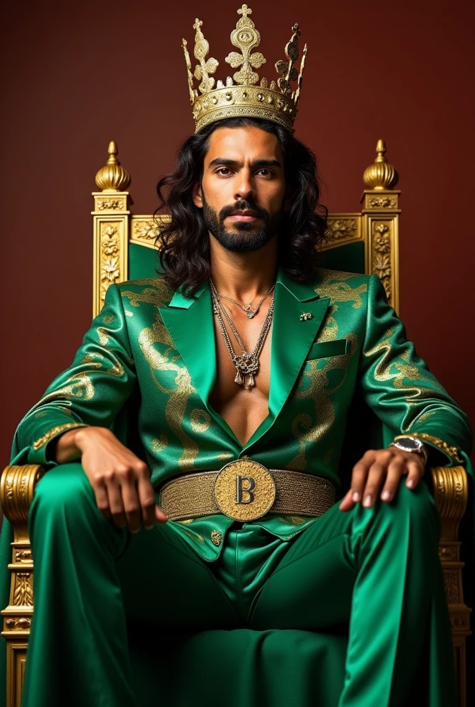Davi Brito, winner of BBB 24, sitting on a throne dressed as a king in green and gold tones wearing a golden crown