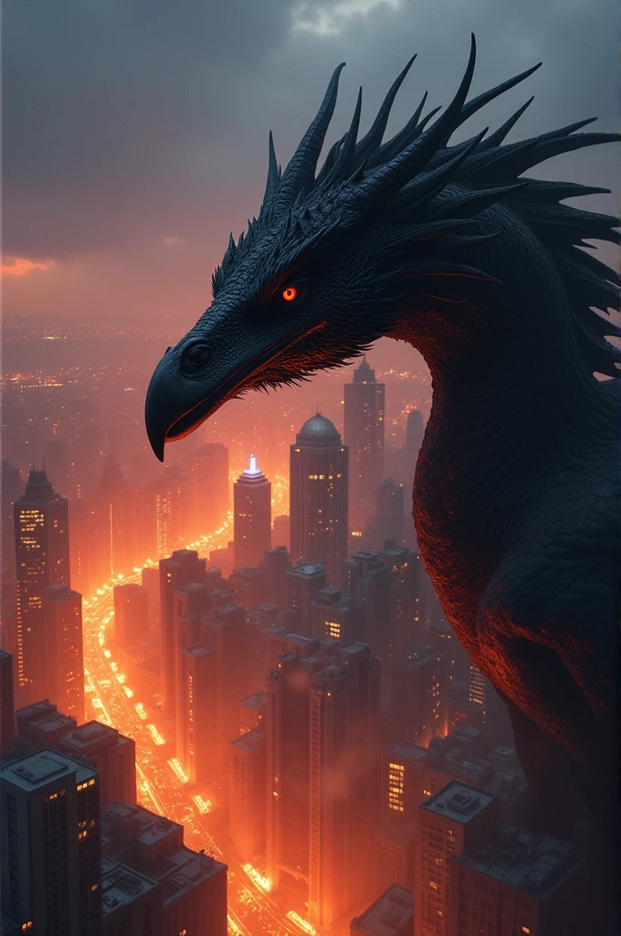 Generate an image of a Giant Raven Black Dragon breathing Dark Black Flames to a city