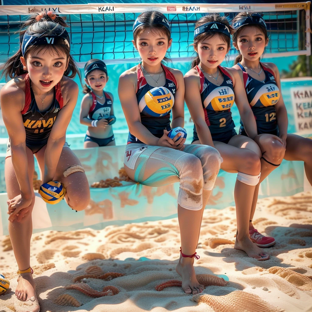 ExtremelyDetailed (((Beach Volleyball Team Kawaii Kids in a row:1.4))), Childish perfect face, Reflective Eyes, Detailed(Delicate Clothing textures), Corrected Leg to Foot Line, Corrected Perfect Hand, Dynamic Joyful Expressions LifeLike Rendering, ((Specular Reflection:1.02)), TopQuality 8K Ultra-detailed masterpiece (ProfessionalPhoto:1.37)(Acutance:0.8),(Luminism:1.22), 