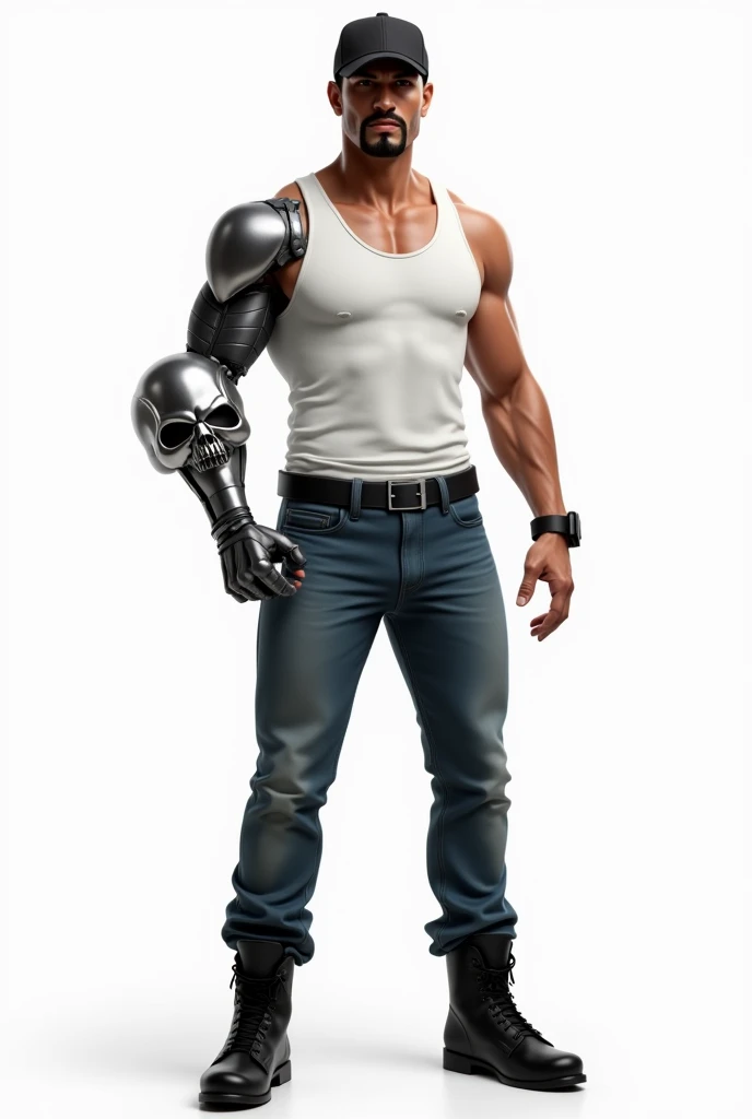 drawning, sharp colors, one men, 30years, short stature, stark, black goatee, Black cap, white tank top, blue jeans, Black boots, a silver-plated dog skull-shaped prosthesis on the left forearm, Furiosa, white background, fully body